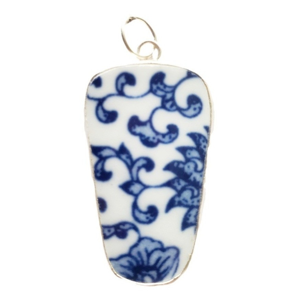 Broken China Pendant Blue & White Floral Repurposed Pottery Shard‎ Focal Jewelry